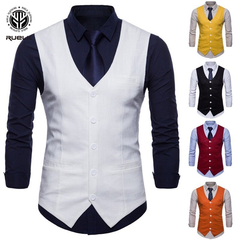 New Summer Personality Fashion Thin Men Business Vest European and American Men Cotton and Linen Suits Line Up Multi-color Vest
